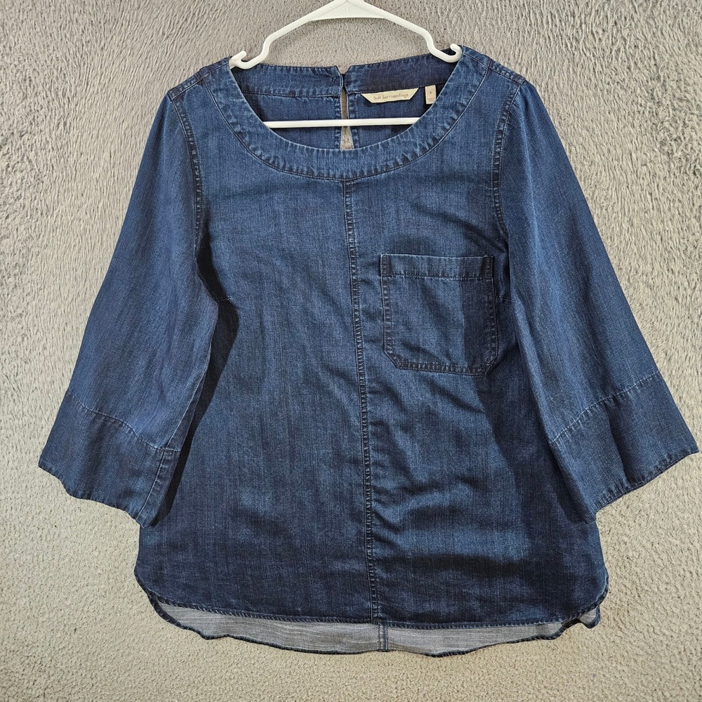 Soft Surroundings Blue Tencel Lyocell Denim Blouse Top Size S
